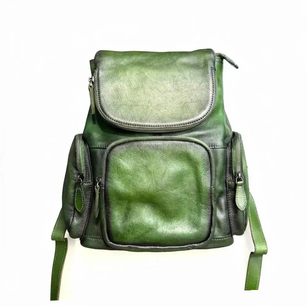 Vintage Green Genuine Leather Backpack Y2K Utility Multi Pocket Bag